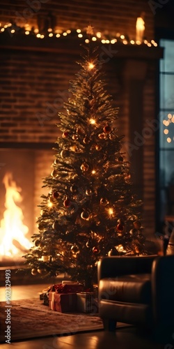 Christmas tree with burning fireplace blurred background, vertical orientation.