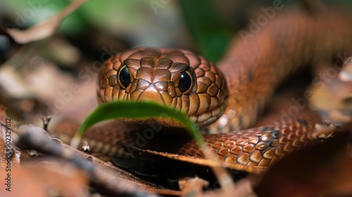 A detailed close-up shot of a snake in Taiwan, showcasing the intricate patterns and textures of its scales.