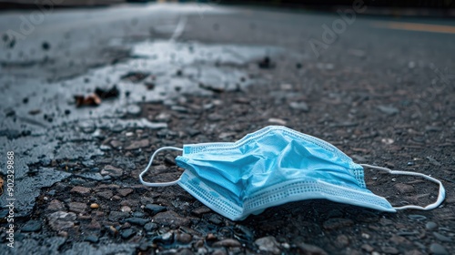 Improperly discarded used medical mask on pavement photo