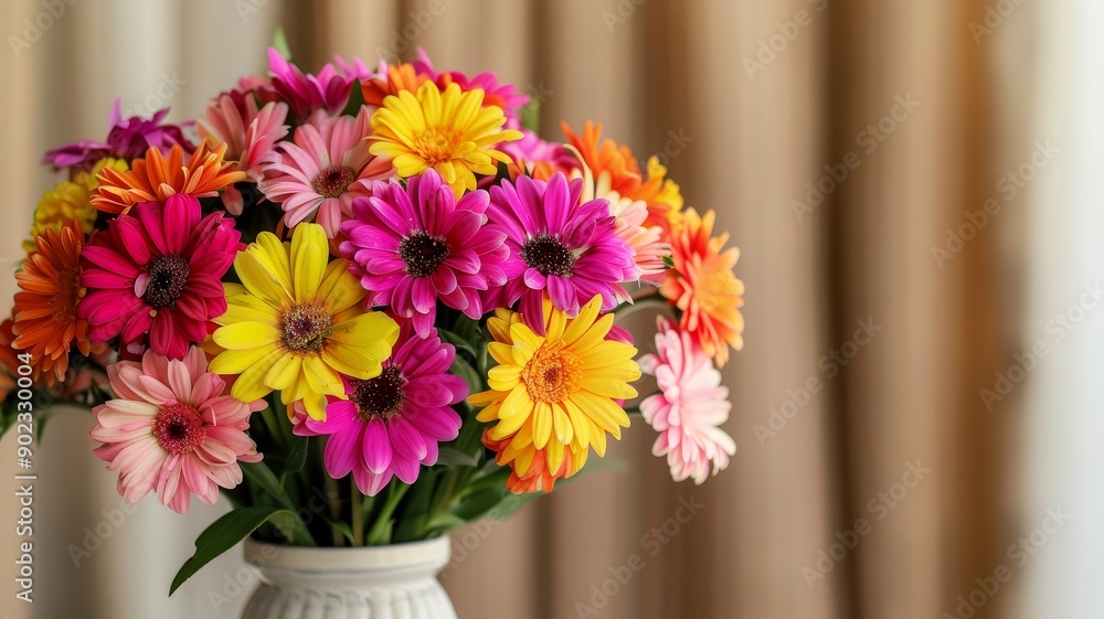 Fototapeta premium vibrant bouquet of gerbera daisies in a white vase with a blurred tan background, perfect for home decor, greeting cards, and floral design projects.