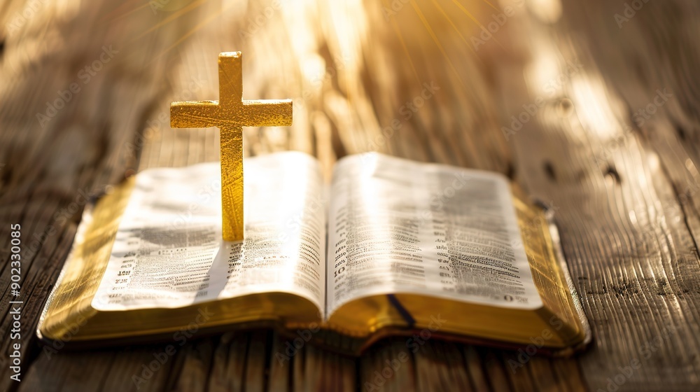 Golden Cross on Open Bible, Symbolizing Divine Love and Peace on a Serene Wood-Textured Background with Warm Lighting Golden Cross on Open Bible, Symbolizing Divine Love and Peace on a Serene Wood-Textured Background with Warm Lighting