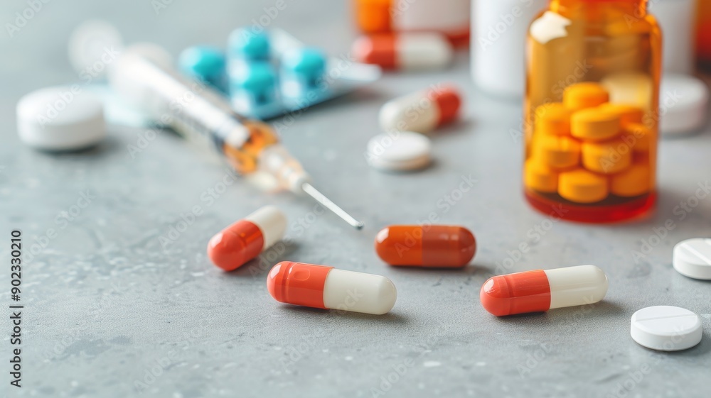 close-up of assorted medications, pills, capsules, and syringe on gray surface - healthcare, pharmacy, medicine, treatment, prescription, medical supplies, health, doctor, hospital, clinic, wellness, close-up of assorted medications, pills, capsules, and syringe on gray surface - healthcare, pharmacy, medicine, treatment, prescription, medical supplies, health, doctor, hospital, clinic, wellness,