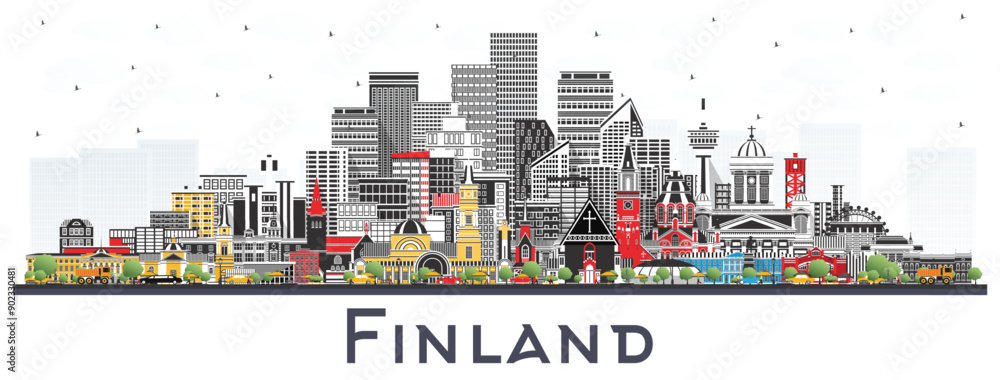 Finland city skyline with color buildings isolated on white. Concept with historic and modern architecture. Finland cityscape with landmarks. Helsinki. Espoo. Vantaa. Oulu. Turku. Finland city skyline with color buildings isolated on white. Concept with historic and modern architecture. Finland cityscape with landmarks. Helsinki. Espoo. Vantaa. Oulu. Turku.