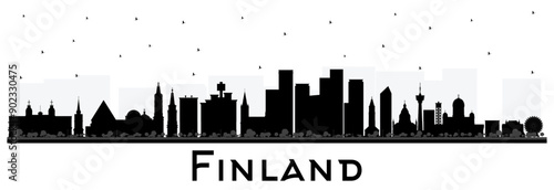 Finland city skyline silhouette with black buildings isolated on white. Concept with historic architecture. Finland cityscape with landmarks. Helsinki. Espoo. Vantaa. Oulu. Turku.