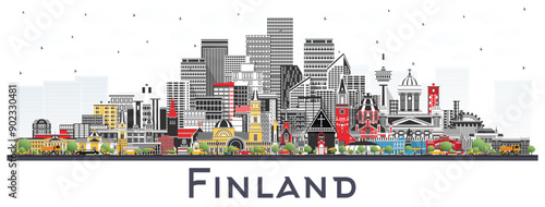 Finland city skyline with color buildings isolated on white. Concept with historic and modern architecture. Finland cityscape with landmarks. Helsinki. Espoo. Vantaa. Oulu. Turku.