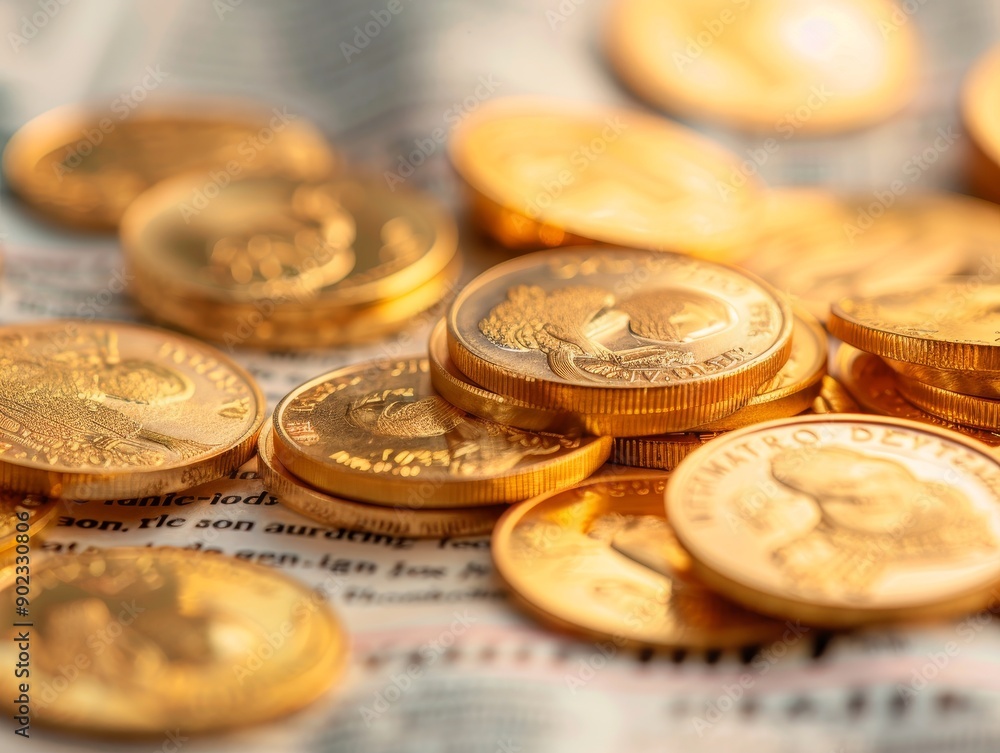 close-up of shiny gold coins scattered on a newspaper with financial data and charts - representing investment, wealth, and economic growth. close-up of shiny gold coins scattered on a newspaper with financial data and charts - representing investment, wealth, and economic growth.