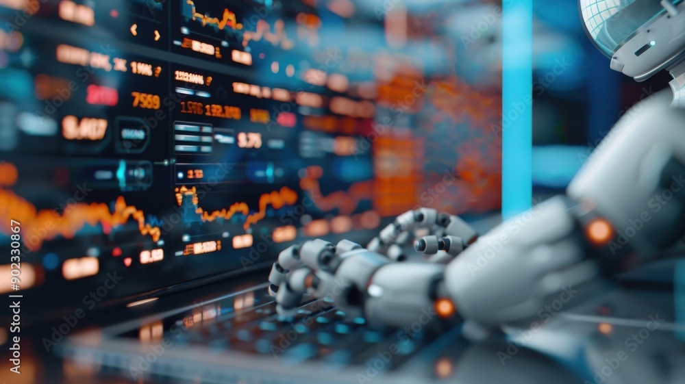 3D AI crypto trading bots on a digital stock market platform. 3D AI crypto trading bots on a digital stock market platform.