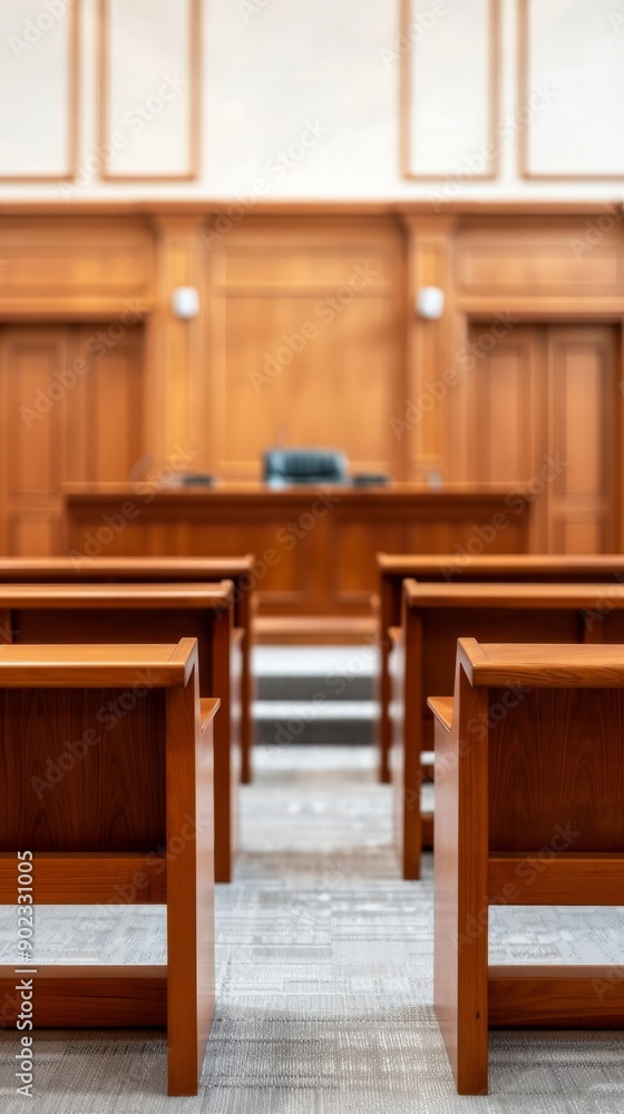 Fototapeta premium empty courtroom with wooden benches and judge's bench in focus - justice, law, legal system, trial, court, gavel, lawsuit, jury, witness, lawyer, judge, courtroom, law enforcement, justice system, le