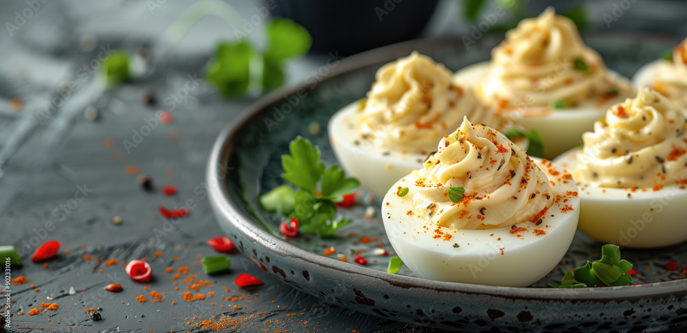 Delicious deviled eggs on a patterned plate garnished with herbs and spices. Concepts of gourmet appetizers, culinary presentation, International Deviled Egg Day, and entertaining. Delicious deviled eggs on a patterned plate garnished with herbs and spices. Concepts of gourmet appetizers, culinary presentation, International Deviled Egg Day, and entertaining.