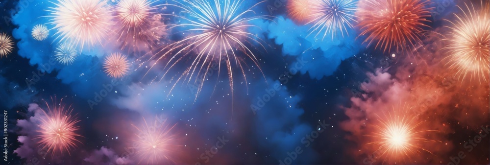 Fototapeta premium Beautiful display fireworks night sky background filled vibrant