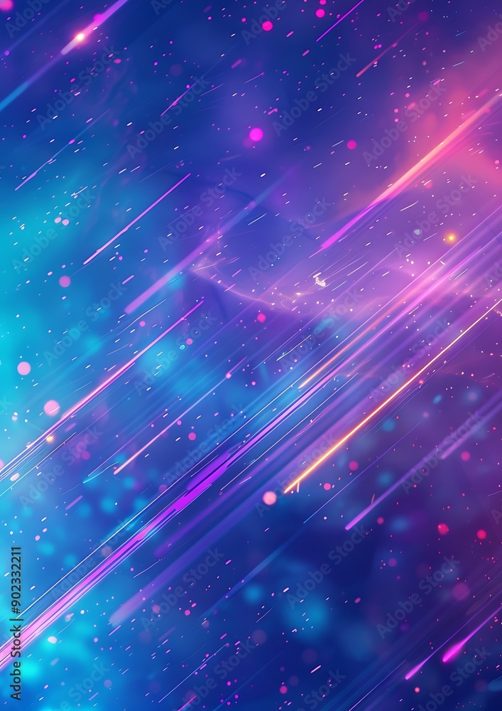 Fototapeta premium A surreal cosmic abstract effect with a gradient background of deep blues to light purples, interspersed with vibrant neon streaks and softly glowing particles, 
