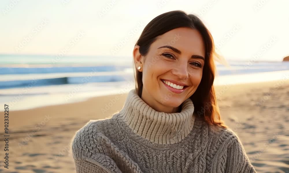 Medium shot portrait video of a satisfied woman in her 30s wearing a cozy sweater against a beach background Medium shot portrait video of a satisfied woman in her 30s wearing a cozy sweater against a beach background
