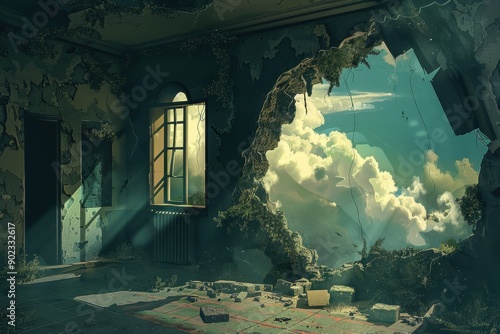 Overgrown room with a large hole in the wall revealing a bright sky