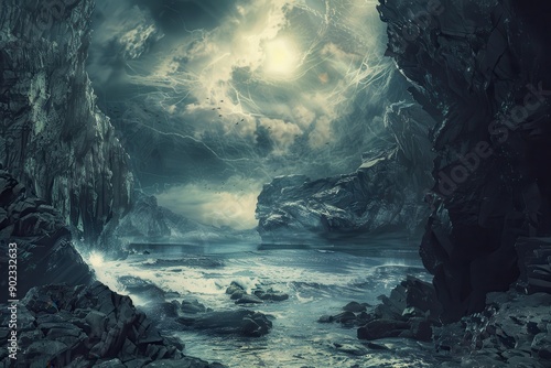Dark fantasy landscape with stormy sea and cliffs