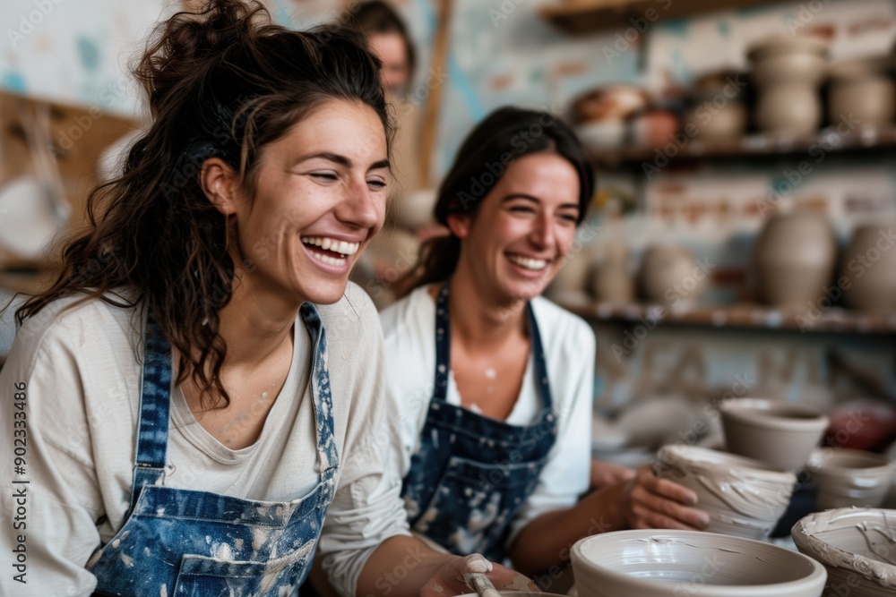 Two women in aprons laughing while making pottery in a studio filled with ceramic pieces. Concepts of creativity, craftsmanship, and joyful collaboration. Two women in aprons laughing while making pottery in a studio filled with ceramic pieces. Concepts of creativity, craftsmanship, and joyful collaboration.