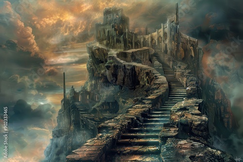 Ancient stone castle ruins on a rocky mountain peak with stairs leading up to it