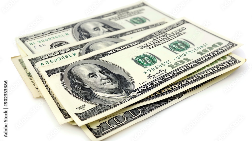 A stack of three $100 bills, isolated on a white background. The bills are arranged in a neat stack, with the top bill facing the viewer. A stack of three $100 bills, isolated on a white background. The bills are arranged in a neat stack, with the top bill facing the viewer.