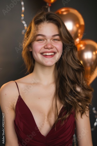 Wallpaper Mural photo of beautiful Caucasian model smiling looking at the camera isolated on dark grey, clean dark grey background Torontodigital.ca