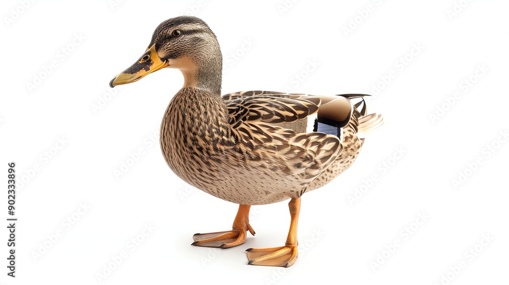 A beautiful duck is standing on a white background. The duck is looking to the left of the frame. The duck has brown and white feathers. A beautiful duck is standing on a white background. The duck is looking to the left of the frame. The duck has brown and white feathers.
