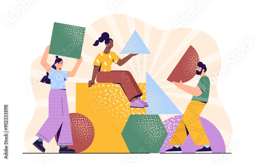 People with teamwork. Man and women with large geometric shapes. Partnership, collaboration and cooperation. Colleagues and partners work at common project. Flat vector illustration