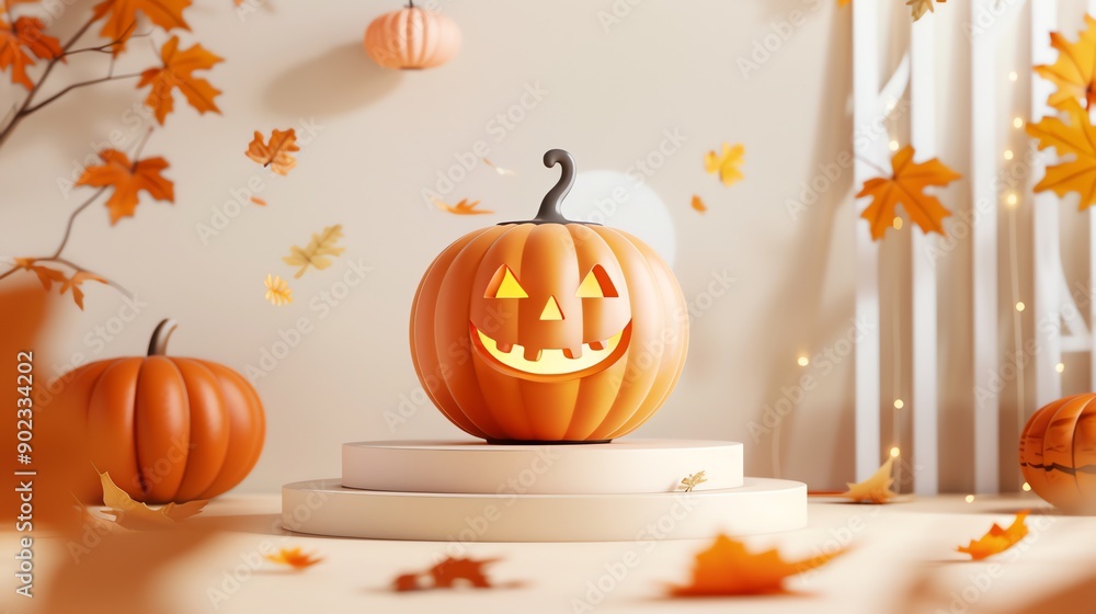 3D rendering of a Halloween pumpkin. The pumpkin has a carved face and is lit from the inside. It is sitting on a podium surrounded by fallen leaves. 3D rendering of a Halloween pumpkin. The pumpkin has a carved face and is lit from the inside. It is sitting on a podium surrounded by fallen leaves.