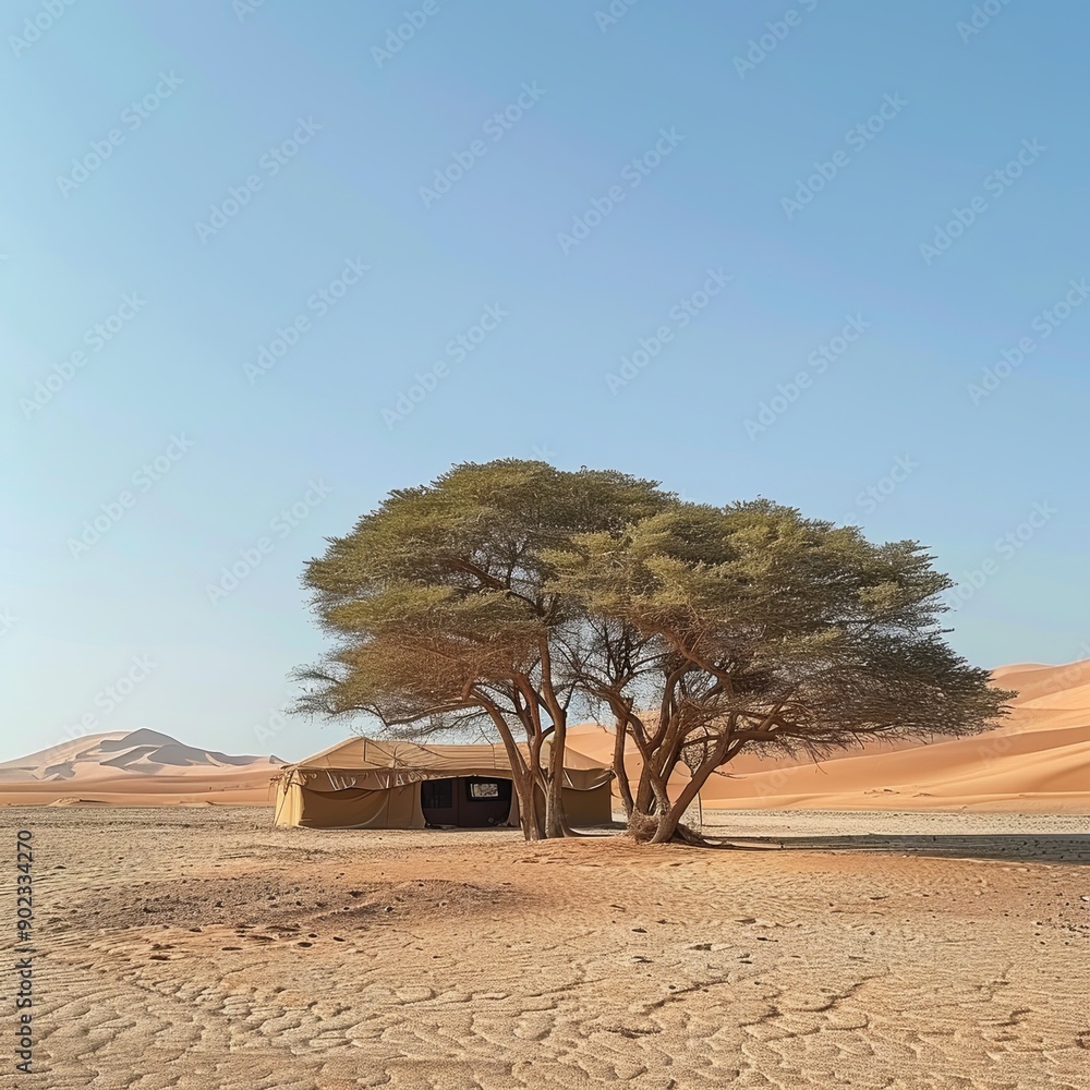 Naklejka premium Small camp with trees in the middle of Arabian desert. Oasis in Wahiba Sands, Oman. Hot day in the dunes of Arabian peninsula