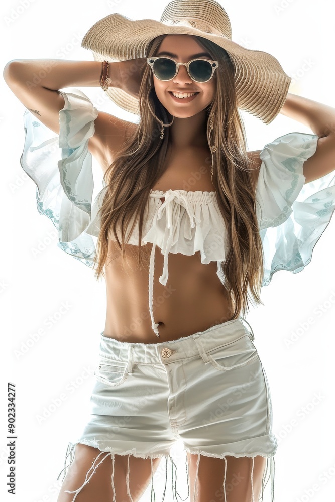 Naklejka premium ultra realistic, full body Portrait of young caucasian beautiful smiling female in trendy summer beach costume. carefree woman posing isolated in white background