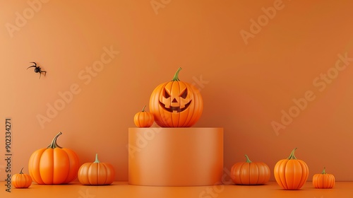 3D rendering of a Halloween pumpkin on a podium with a blank background. The pumpkin has a carved face and is lit from inside. photo