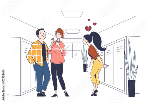 Teenage heartbreak concept. Woman in love looks sadly at guy and girl. Negative feelings and emotions. Loneliness, shock and depression. Linear vector illustration isolated on white background
