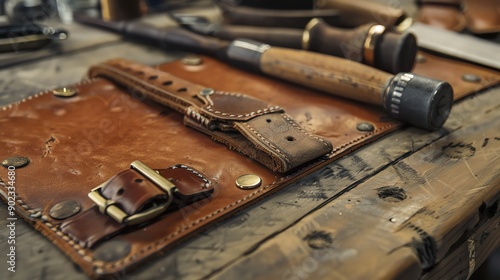 Rustic Handmade Leather Craftmanship. Genuine leather products. Vintage retro style.