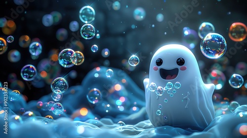 A 3D cartoon ghost blowing bubbles, Cute ghost with happy face surrounded by glowing bubbles in fantasy night scene