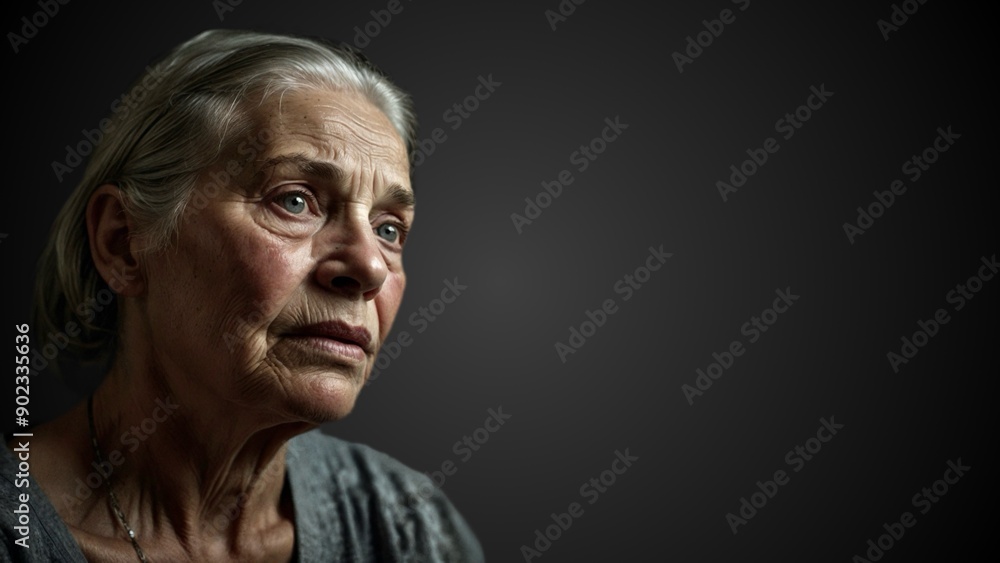 Portrait of an old woman with worried expression against dark background with space for text Portrait of an old woman with worried expression against dark background with space for text