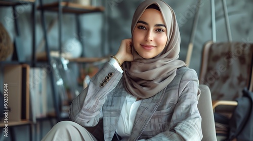 Elegant professional woman with a hijab in a gray suit and white shirt, smiling warmly while sitting in a chair, highlighting a sophisticated and inviting appearance