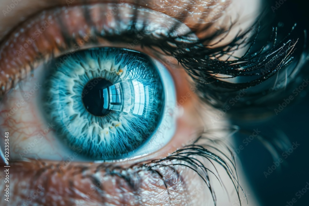 Blue eye with reflections of digital lights representing the fusion of ...