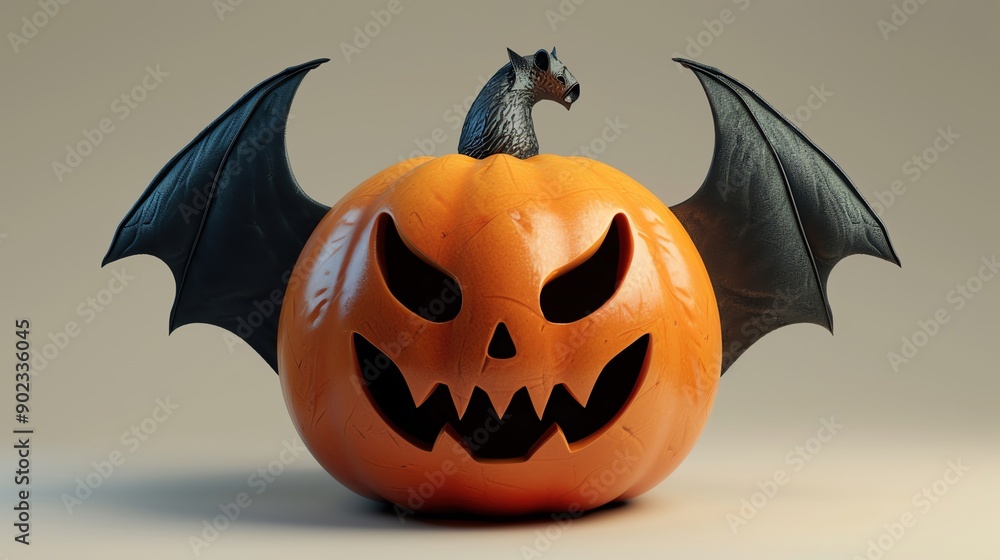Fototapeta premium A 3D cartoon pumpkin with bat wings, Halloween,