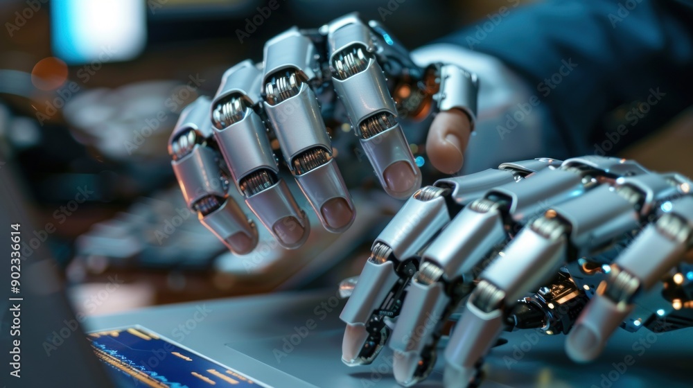 robot hand on laptop keyboard robot hand on laptop keyboard