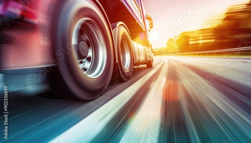 Fototapeta Naklejka Na Ścianę i Meble -  Close up of a moving truck on a highway with a dramatic sunset sky in the background. Concepts of transportation, logistics, and speed in the trucking industry.