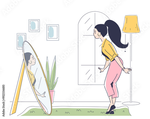 Upset woman with mirror. Young girl looks in shock at her reflection in mirror. Negative feelings and emotions. Person with unhealthy skin. Linear vector illustration isolated on white background