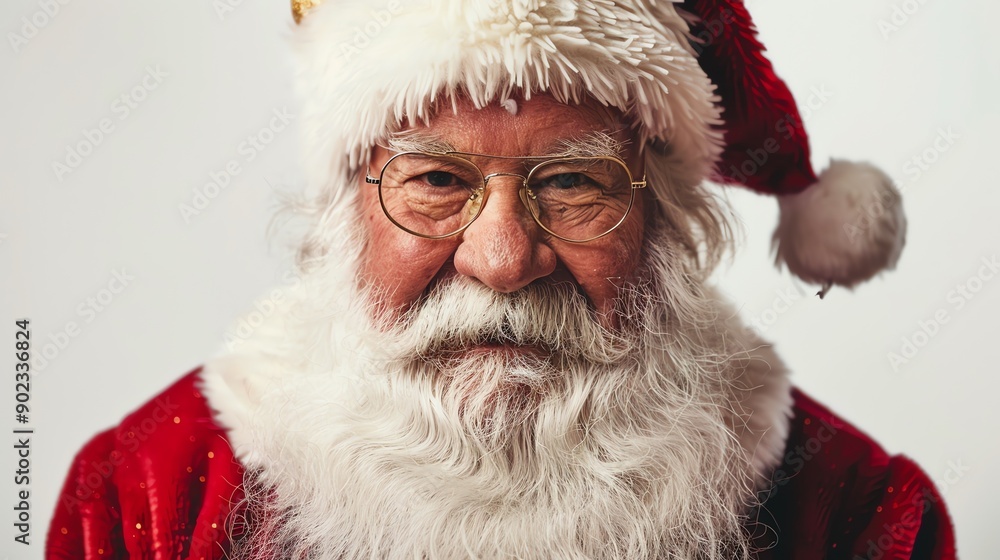 A jolly old man with a long white beard and glasses wearing a red Santa hat and fur-trimmed red coat smiles at the camera. A jolly old man with a long white beard and glasses wearing a red Santa hat and fur-trimmed red coat smiles at the camera.