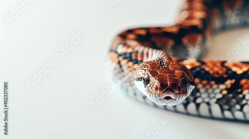 A close-up of a snake's head. The snake has brown and black scales and is looking at the camera with its mouth open. The background is white. photo