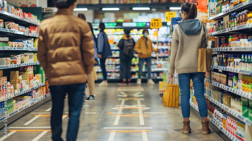 A woman and a man shopping in a supermarket. The woman is wearing a brown sweater and blue jeans. The man is wearing a brown jacket and blue jeans. A woman and a man shopping in a supermarket. The woman is wearing a brown sweater and blue jeans. The man is wearing a brown jacket and blue jeans.