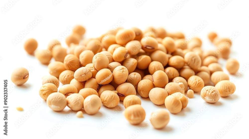 **Image description:** A pile of soybeans on a white background. The soybeans are tan and round, and they are all in focus. **Image description:** A pile of soybeans on a white background. The soybeans are tan and round, and they are all in focus.