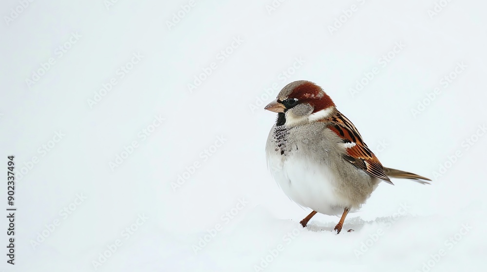 A small brown sparrow sits on a snowy branch. The sparrow is facing to the left of the frame and looking at the camera. A small brown sparrow sits on a snowy branch. The sparrow is facing to the left of the frame and looking at the camera.