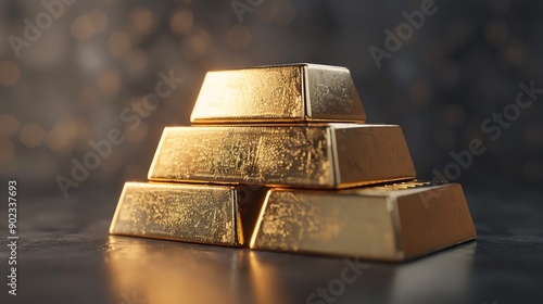 A stack of gold bars on a dark background. The gold bars are arranged in a pyramid shape. photo