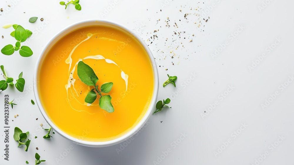 Top View of Refreshing Chilled Summer Squash Soup Served in a Bowl on a Pristine White Background - A Taste of Cool Seasonal Elegance. Top View of Refreshing Chilled Summer Squash Soup Served in a Bowl on a Pristine White Background - A Taste of Cool Seasonal Elegance.
