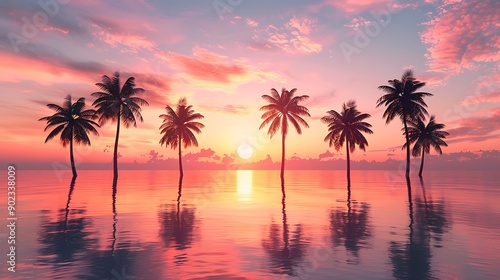 Serene sunset over a tropical island with palm trees silhouetted against the vibrant sky.