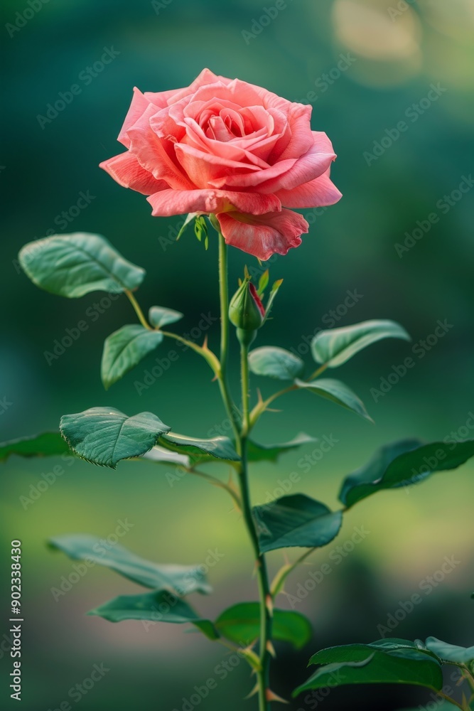 Fototapeta premium Vivid open rose with bright pink stem, green leaves, and blurry background in high-definition 16K image.