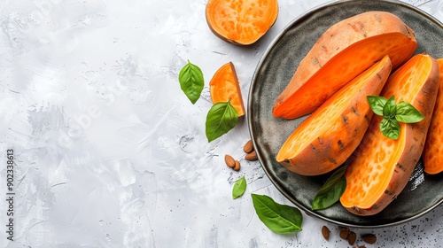 A close-up image of a plate of sweet potato wedges. The sweet potatoes are orange and have a slightly wrinkled skin. photo