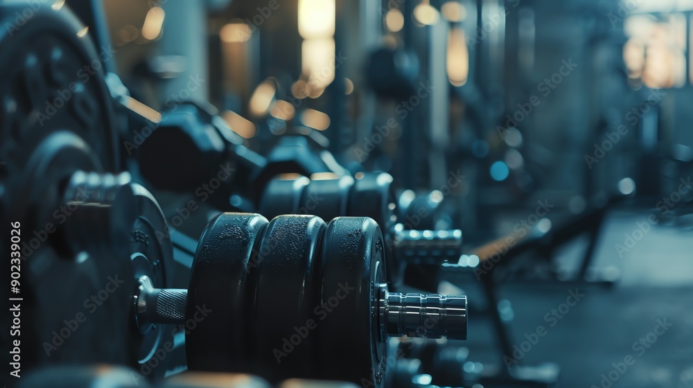 A variety of dumbbells sit on a rack in a dimly lit gym. The weights are made of black rubber and have a silver handle. A variety of dumbbells sit on a rack in a dimly lit gym. The weights are made of black rubber and have a silver handle.