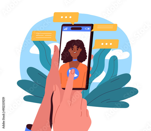 Video chat with woman. Young girl on smartphone screen. Communication on social networks and instant messengers, video call. Flat vector illustration isolated on white background